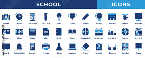 School icon set. Consisting of blue icons such as books, basketball, field, locker, pencil, and many more.