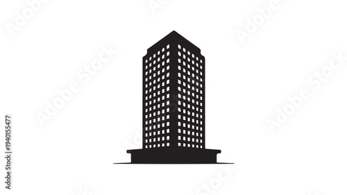Modern office building silhouette with grid windows in minimalist black and white style on plain white background for corporate branding