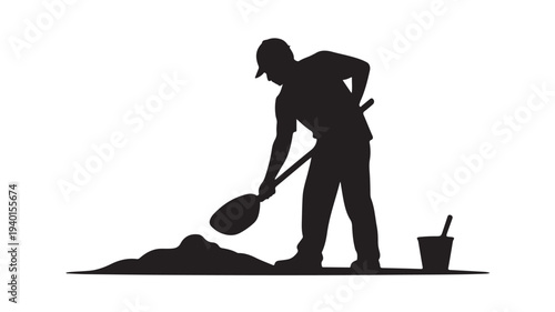 Man digging with shovel in silhouette on white background with dramatic lighting for gardening