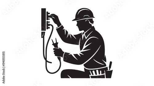 Electrician Working on Electrical Panel in Monochromatic Silhouette with Dramatic Lighting on White Background for Industrial Illustration