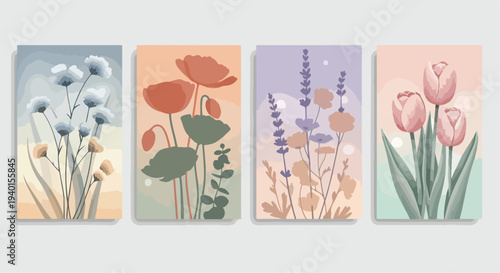 Set of 4 Minimalist Watercolor Floral Art Prints Vector with Pastel Poppies, Tulips, Lavender, and Wildflowers for Modern Wall Decor and Botanical Illustrations
