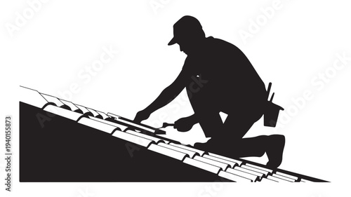 Roofer Silhouette Working on Roof Tiles in Dramatic Black and White with Tool Belt for Construction Industry