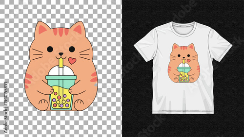 Cartoon cat holding boba tea illustration on a t-shirt, depicted from a front viewpoint