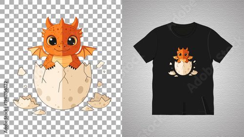 Cartoon dragon hatching from egg on t-shirt design, featuring vibrant orange creature emerging from cracked shell, illustrated in a digital art style