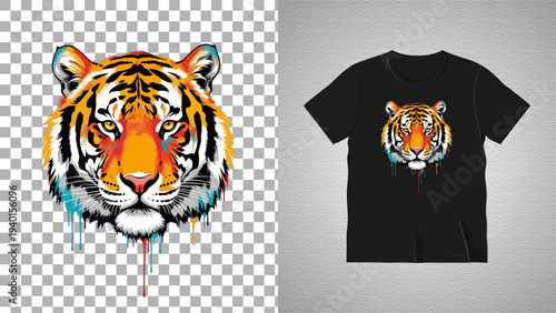 Vibrant tiger head graphic on black t-shirt, showcasing bold illustration design on transparent background, viewed from the front.