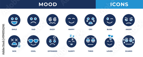 Mood icon set. Consisting of blue icons such as smile, happy, sad, angry, tired, and many more.
