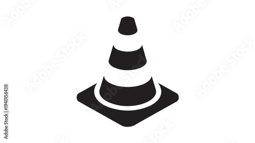 Traffic cone in simple flat design with black and white color on isolated white background for safety signage