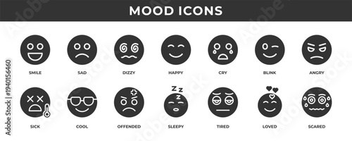 Mood icon set. Consisting of solid icons such as smile, happy, sad, angry, tired, and many more.