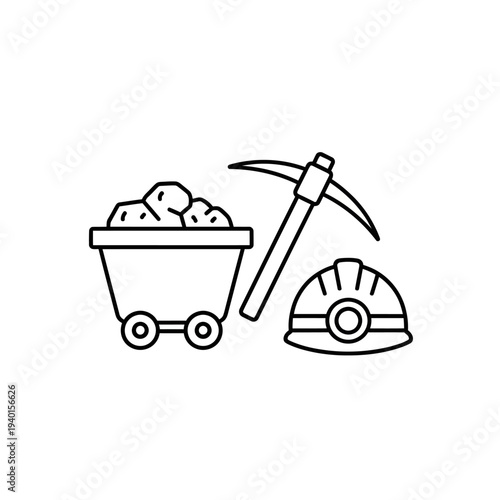 Mining Tools and Equipment Illustration with Pickaxe, Cart, and Helmet