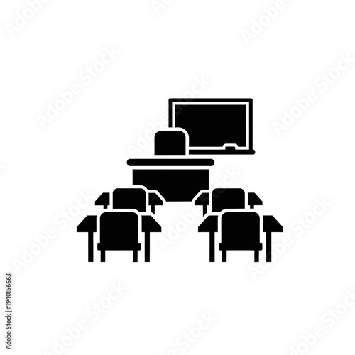 Modern Classroom Setting with Empty Chairs Facing Digital Digital Screen for Education or Training