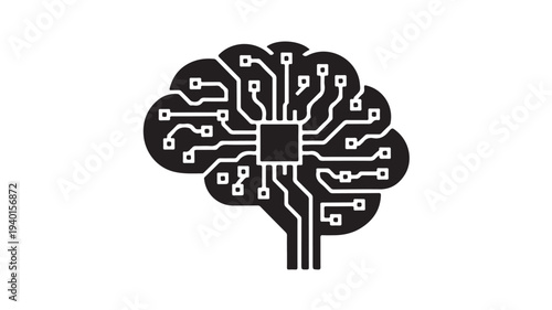 Artificial intelligence brain with circuit board design in modern minimalist style with high contrast black and white for tech logo