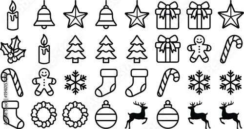Set of 26 Christmas icons vector, black and white line art