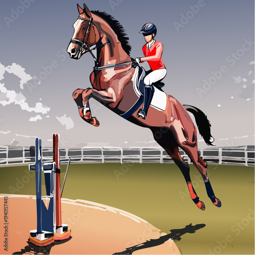 Stylized illustration of a female equestrian and her powerful horse mid-jump.
