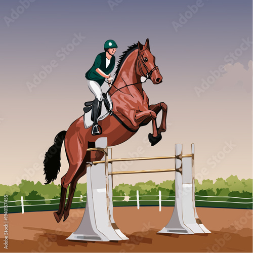 Dynamic illustration of a show jumper and her brown horse clearing a fence.
