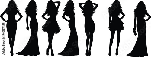 Black silhouette collection of eight elegant women posing in short cocktail dresses and long evening gowns for fashion vector design.