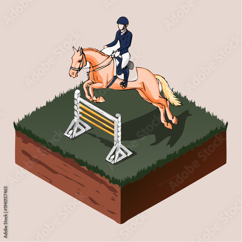 Isometric illustration of a female equestrian and her horse jumping over an obstacle.