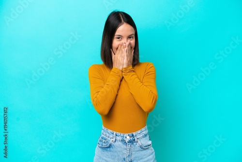 Young caucasian woman isolated on blue background scheming something
