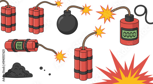 Dynamite and bomb explosive icon set, cartoon detonation devices with fuse timer blast effects illustration collection
