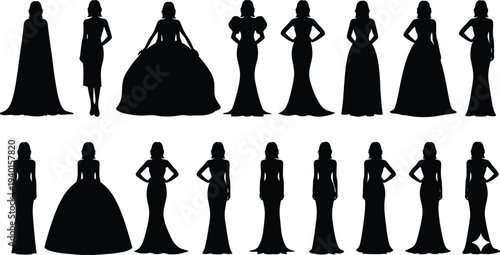 Black silhouette collection of eighteen elegant women posing in beautiful evening gowns and wedding dresses for fashion vector design projects.