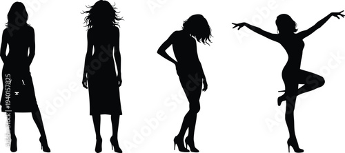 Black silhouette collection of four attractive women in various dynamic stylish poses for fashion and lifestyle vector graphic design projects.