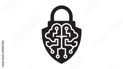 Shield with Circuit Board Design and Open Padlock in Simple Monochrome Style on White Background for Cybersecurity Icon