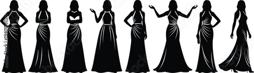 Black silhouette collection of nine elegant women posing in beautiful long evening gowns for fashion apparel vector graphic design projects.