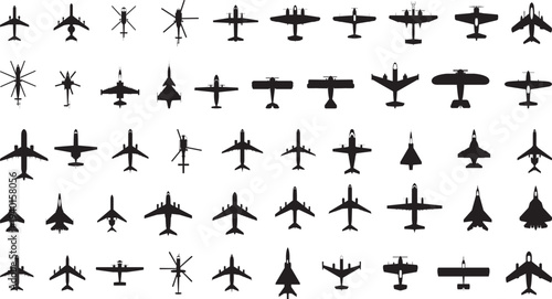 Massive vector collection of black aircraft silhouettes featuring various models of airplanes, helicopters, drones, and private jets for aviation design.