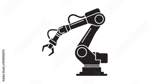 Industrial robotic arm in modern minimalist style with bold black silhouette on white background for technology illustration