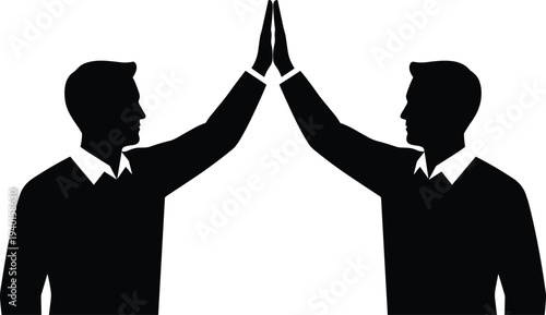 Silhouette of two business men giving a high five, celebrating success, teamwork, partnership, agreement, and achievement in black and white.