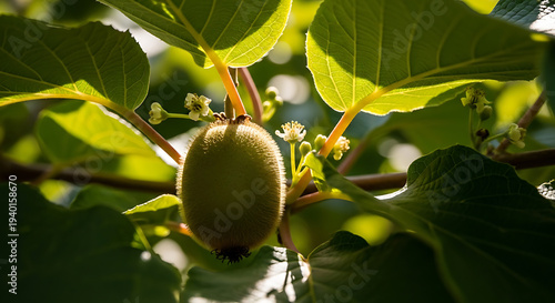 One kiwi fruit growing on branch with green leaves and small white flowers on sunny day