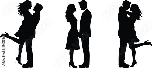 Set of three black silhouettes featuring romantic loving couples hugging, holding hands, and kissing isolated on a clean white background.