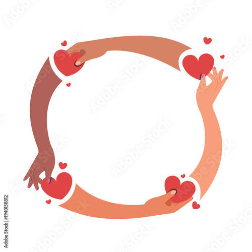 Frame of Hands holding hearts with circle shape, Love, charity and donation hands with heart concept. Social care, helping hand vector illustration 