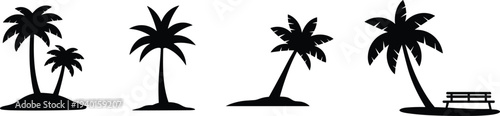 Palm tree silhouette icon set, tropical island trees collection, beach nature landscape symbols, summer vacation vector illustration