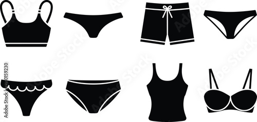 Swimwear and underwear icon set, bikini bra shorts tank top silhouettes, summer beach clothing collection, fashion apparel vector symbols
