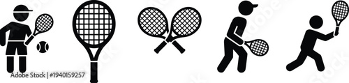 Tennis sport icon set, player silhouette with racket and ball, tennis equipment symbols, athletic game vector collection illustration