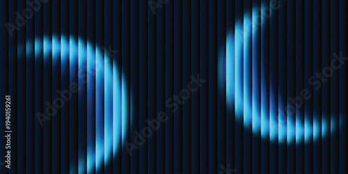 Futuristic glowing blue crescent light patterns with smooth fluted vertical lines on dark background. Fractal ribbed glass pattern. Perfect for tech branding, poster, product presentation