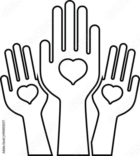 Community Support and Unity Charity Icon Illustration: Three Hands with Hearts Vector