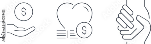 Financial Aid and Humanitarian Relief Icon Pack: Kindness, Money, Solidarity, CSR, and NGO Vector Illustrations