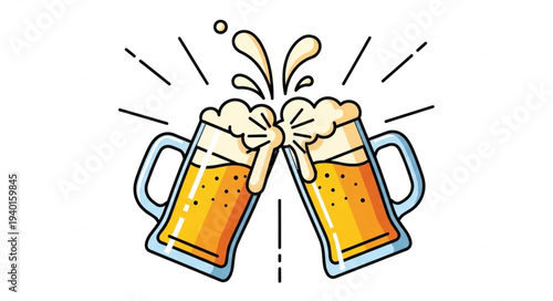 Two Mugs of Beer Clinking Together Celebration Toast.