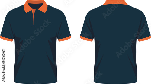 Front and Back View of a Navy Blue Polo Shirt with Orange Collar and Cuffs t-shirt apparel