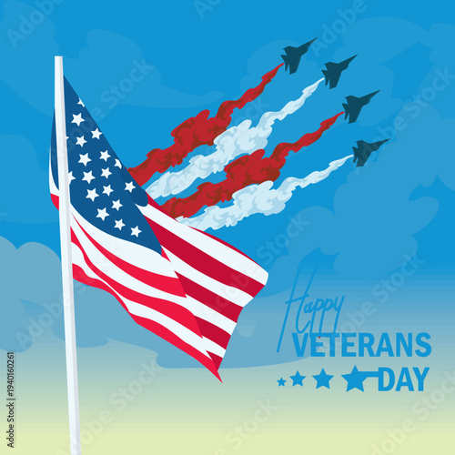 Patriotic Happy Veterans Day illustration featuring a waving American flag and military fighter jets with red and white smoke trails in a blue sky.