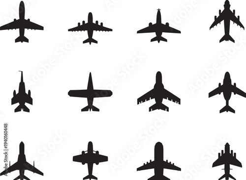 Commercial Passenger Airplane Silhouette Collection - Civil Aviation Airliners and Private Jets Top View Vector Icons
