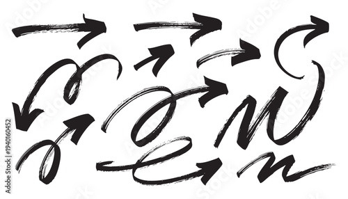 Vector collection of sketch arrows, curved, spiral and pointing arrows drawn with ink brush style, navigation symbols set isolated on white background.