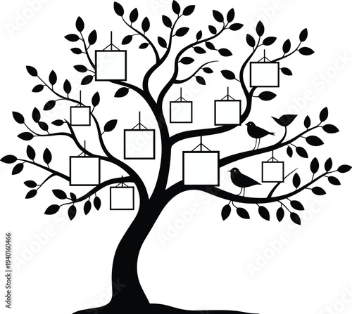 Family tree silhouette with hanging photo frames and birds, genealogy concept illustration, ancestry tree design, decorative heritage tree vector isolated on white background