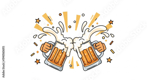 Two Mugs of Beer Clinking Together with Splashing Foam.