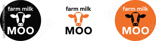 Farm milk logo set with cow head icon and moo text, dairy farm branding design collection, modern agriculture milk label vector isolated on white background