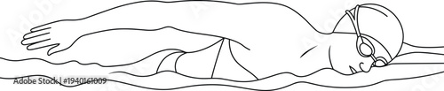 Female swimmer freestyle stroke line art illustration, swimming sport athlete training in water minimal outline design