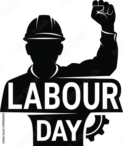 Worker with raised fist celebrating Labor Day with a gear symbol