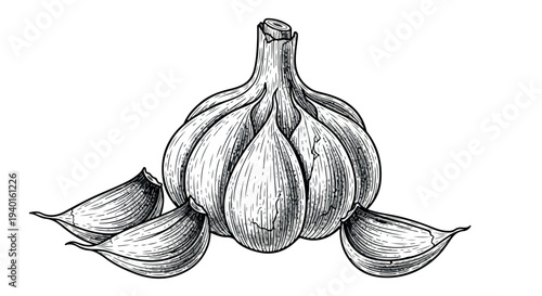 Illustration of a whole bulb of garlic with several cloves on a white background in a detailed drawing style.