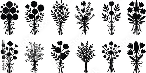 Floral bouquet silhouette icon collection, decorative flower bunch vector set with leaves ribbon botanical arrangement isolated illustration